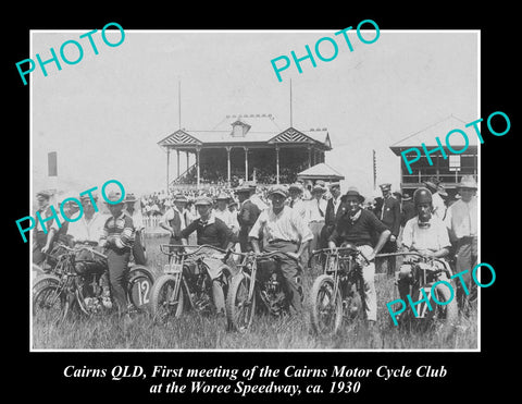 OLD LARGE HISTORIC PHOTO OF CAIRNS MOTORCYCLE CLUB at WOREE SPEEDWAY c1930, QLD