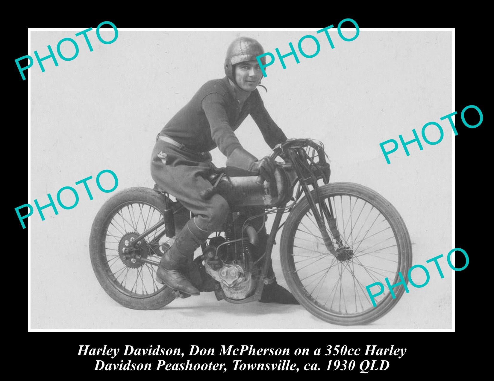 OLD LARGE HISTORIC PHOTO OF HARLEY DAVIDSON PEASHOOTER MOTORCYCLE, ca1930s