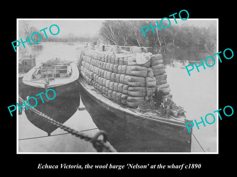 OLD LARGE HISTORIC PHOTO OF ECHUCA VICTORIA THE NELSON WOOL BARGE AT WHARF c1890