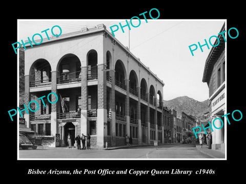 OLD LARGE HISTORIC PHOTO OF BISBEE ARIZONA, VIEW OF POST OFFICE & LIBRARY c1940