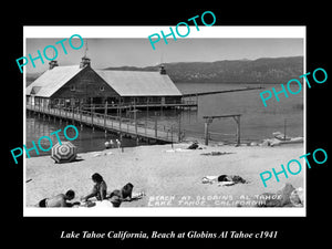 OLD LARGE HISTORIC PHOTO OF LAKE TAHOE CALIFORNIA, BEACH AT GOBLIN AL TAHOE 1941