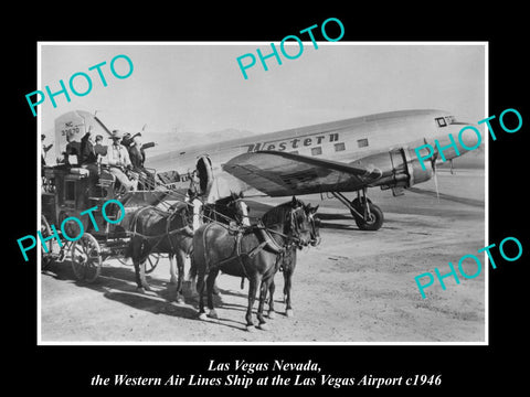 OLD HISTORIC PHOTO OF LAS VEGAS NEVADA, WESTERN AIRLINES PLANE AT AIRPORT c1946