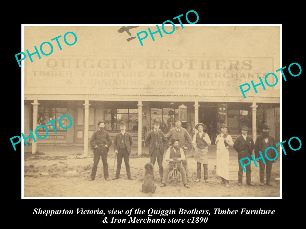 OLD LARGE HISTORIC PHOTO OF SHEPPARTON VICTORIA, THE QUIGGINS Bros STORE c1890