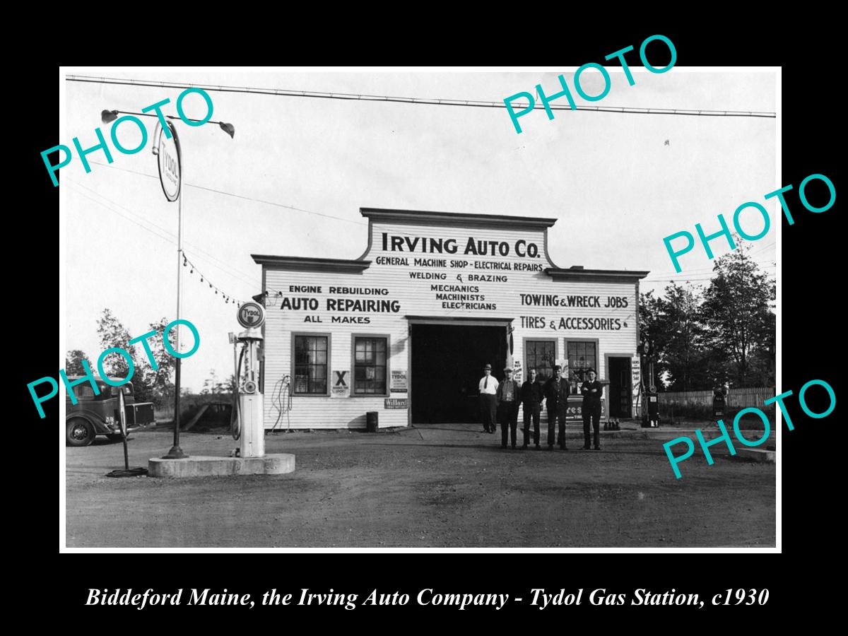 OLD LARGE HISTORIC PHOTO OF BIDDEFORD MAINE, THE IRVINE AUTO GAS STATION c1930