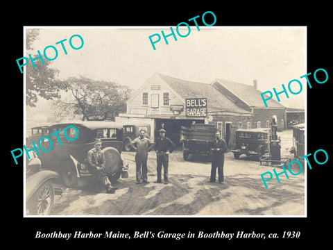 OLD LARGE HISTORIC PHOTO OF BOOTHBAY HARBOR MAINE, VIEW OF BELLS CAR GARAGE 1930