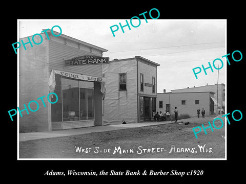 OLD LARGE HISTORIC PHOTO OF ADAMS WISCONSIN, THE BANK & BARBER SHOP c1920