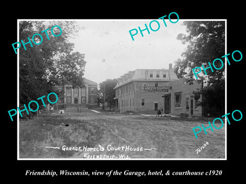 OLD LARGE HISTORIC PHOTO OF FRIENDSHIP WISCONSIN, THE GARAGE & COURTHOUSE c1920