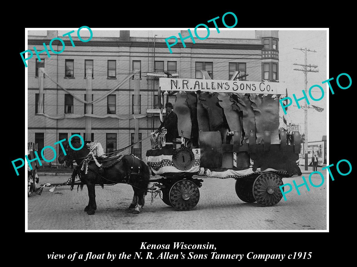 OLD LARGE HISTORIC PHOTO OF KENOSHA WISCONSIN, ALLENS TANNERY PARADE FLOAT c1915