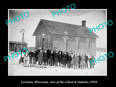 OLD LARGE HISTORIC PHOTO OF LEWISTON WISCONSIN, THE SCHOOL & STUDENTS c1910