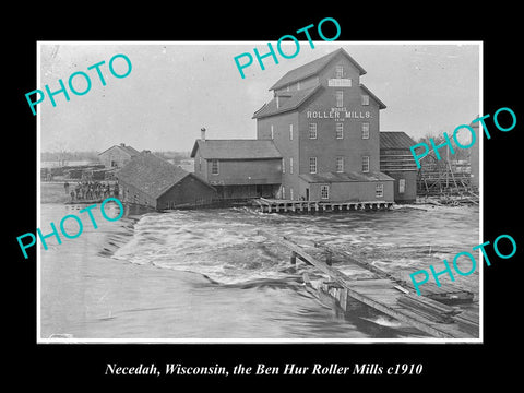 OLD LARGE HISTORIC PHOTO OF NECEDAH WISCONSIN, THE BEN HUR ROLLER MILLS c1910