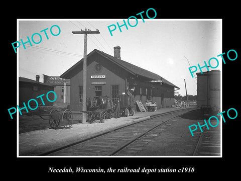 OLD LARGE HISTORIC PHOTO OF NECEDAH WISCONSIN, THE RAILROAD DEPOT STATION c1910