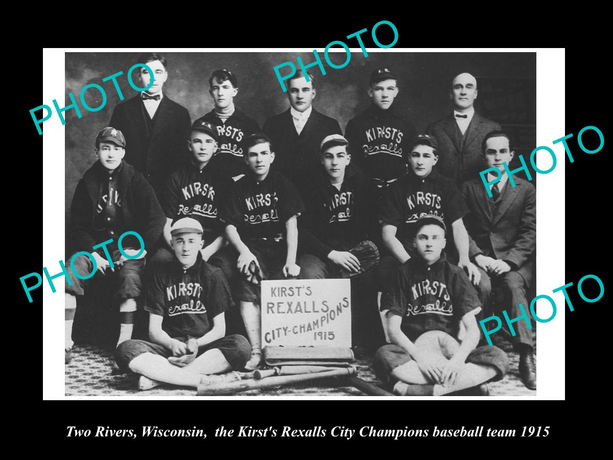 OLD HISTORIC PHOTO OF TWO RIVERS WISCONSIN, KIRST REXALL BASEBALL TEAM c1915