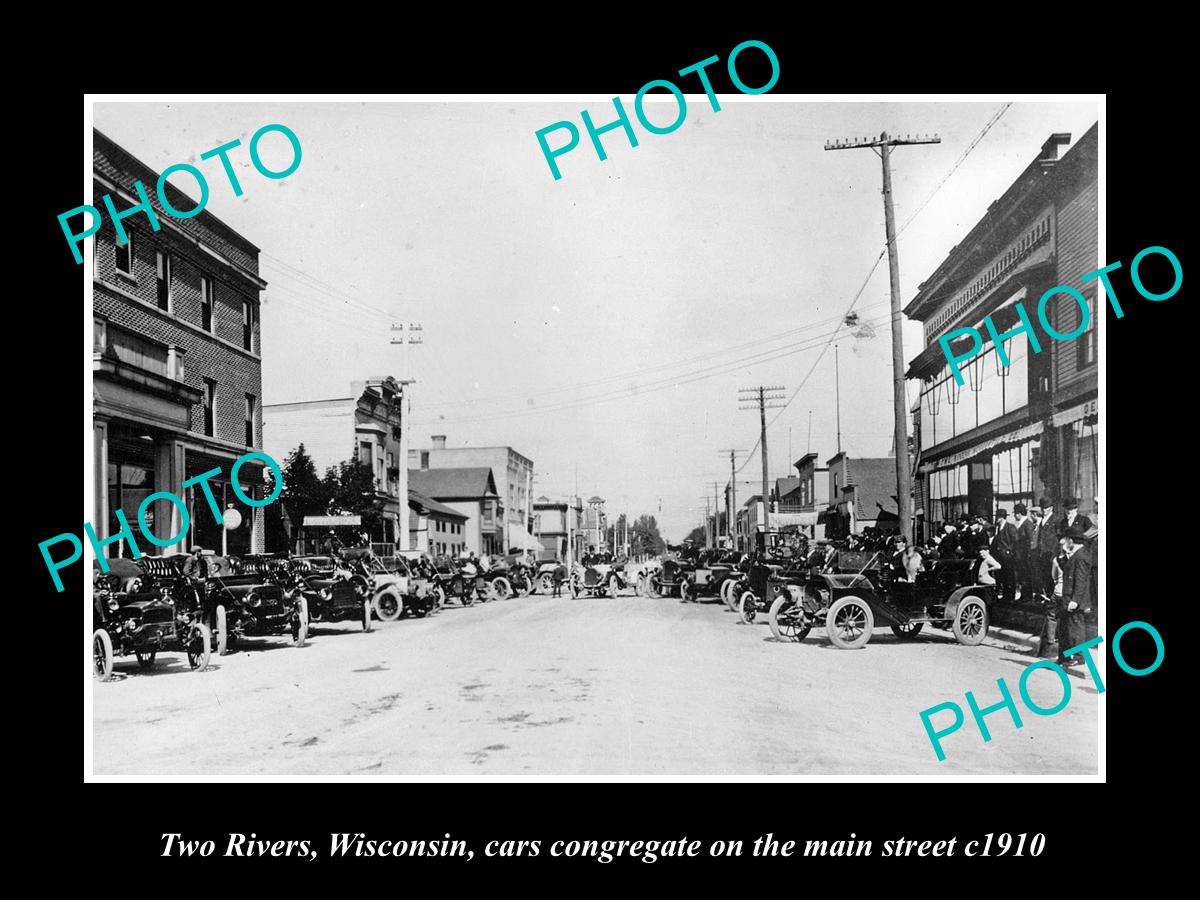 OLD LARGE HISTORIC PHOTO OF TWO RIVERS WISCONSIN, VIEW OF THE MAIN STREET c1910