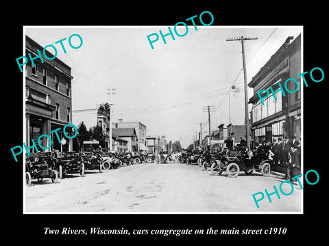 OLD LARGE HISTORIC PHOTO OF TWO RIVERS WISCONSIN, VIEW OF THE MAIN STREET c1910