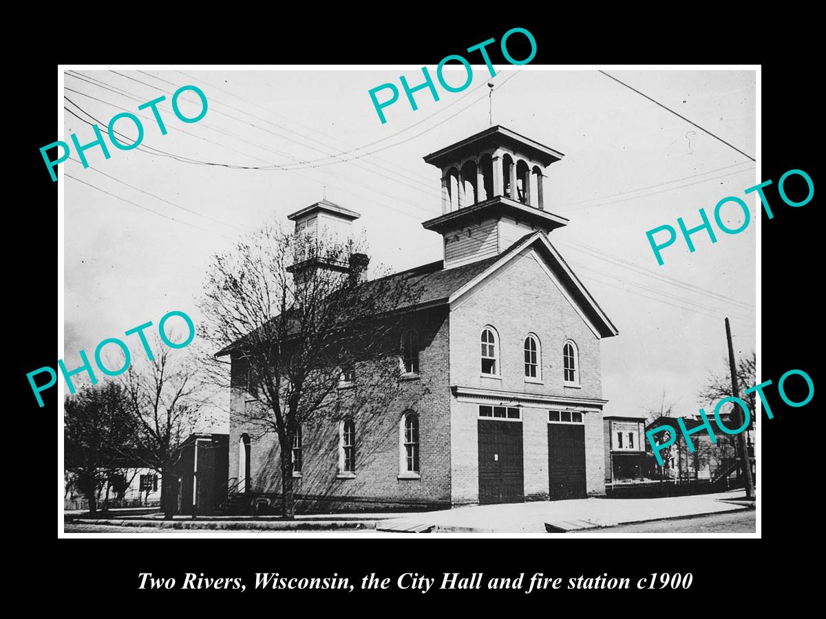 OLD LARGE HISTORIC PHOTO OF TWO RIVERS WISCONSIN, CITY HALL & FIRE STATION c1900