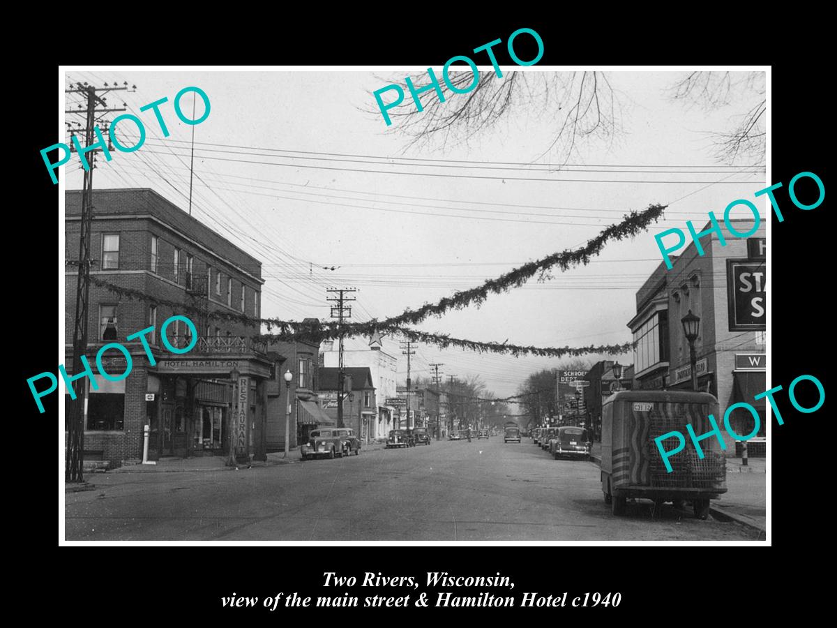 OLD LARGE HISTORIC PHOTO OF TWO RIVERS WISCONSIN, VIEW OF THE MAIN STREET c1940