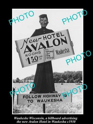 OLD LARGE HISTORIC PHOTO OF WAUKESHE WISCONSIN, THE AVALON HOTEL SIGN c1930