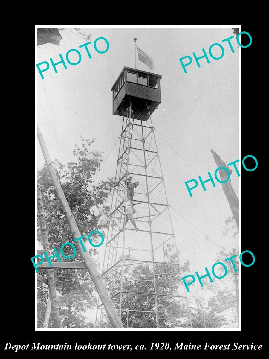 OLD LARGE HISTORIC PHOTO OF DEPOT MOUNTAIN FIRE BRIGADE LOOKOUT, MAINE c1920