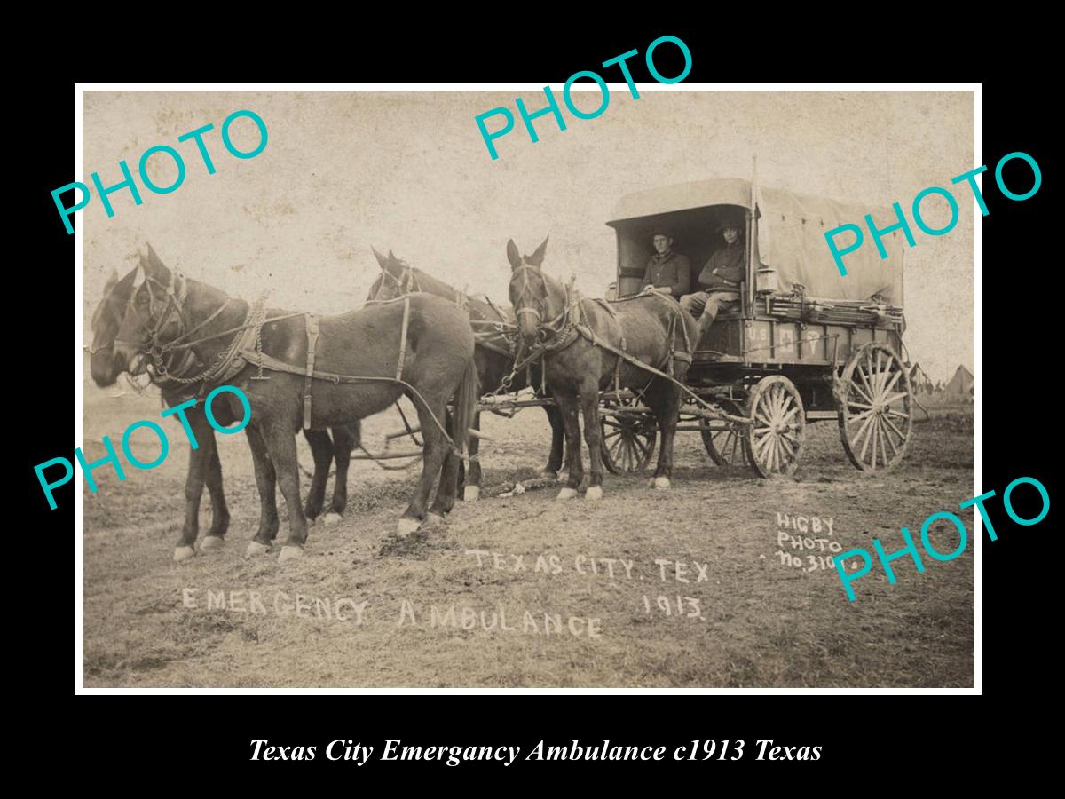 OLD LARGE HISTORIC PHOTO OF THE TEXAS CITY EMERGENCY AMBULANCE WAGON TEXAS c1913