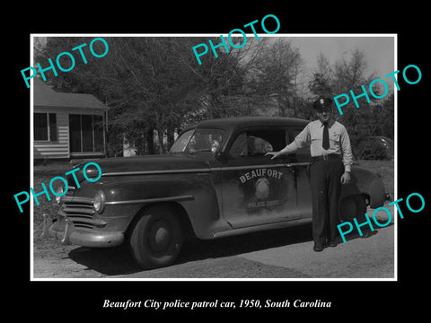 OLD LARGE HISTORIC PHOTO OF BEAUFORT SOUTH CAROLINA, THE TOWN POLICE CAR c1950