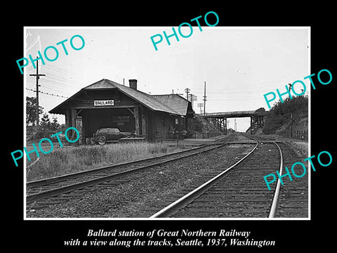 OLD LARGE HISTORIC PHOTO OF BALLARD WASHINGTON, THE RAILROAD DEPOT STATION 1937