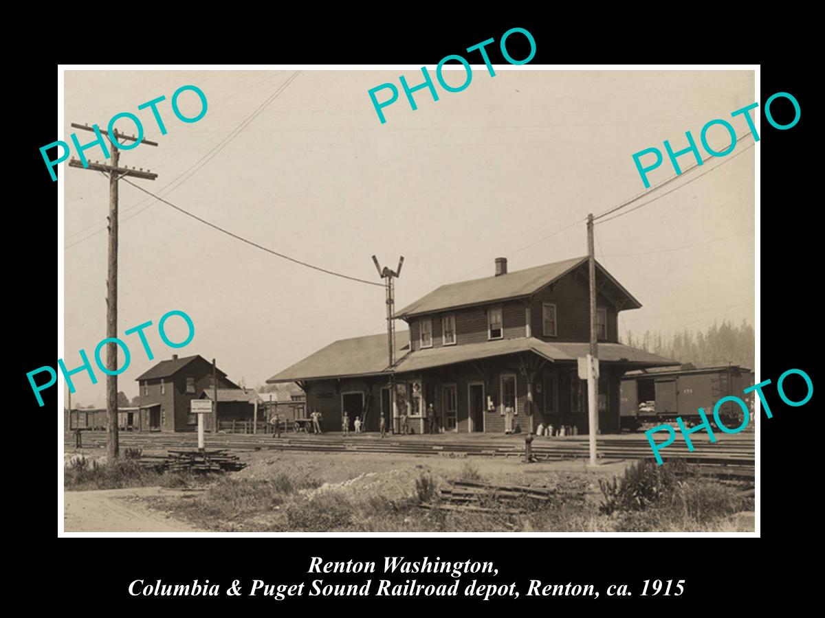 OLD LARGE HISTORIC PHOTO OF RENTON WASHINGTON, THE RAILROAD DEPOT STATION 1915