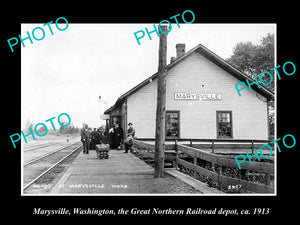 OLD LARGE HISTORIC PHOTO OF MARYSVILLE WASHINGTON, RAILROAD DEPOT STATION 1913