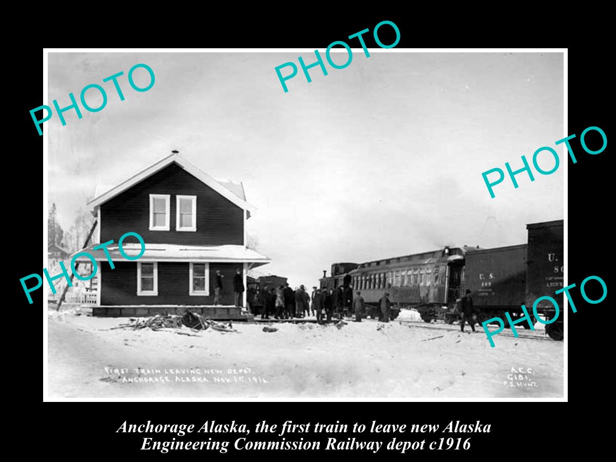 OLD LARGE HISTORIC PHOTO OF ANCHORAGE ALASKA, 1st TRAIN AT RAILROAD DEPOT c1916