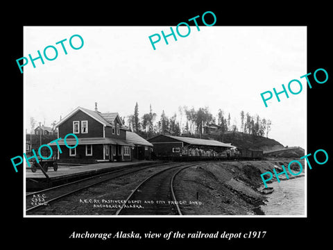 OLD LARGE HISTORIC PHOTO OF ANCHORAGE ALASKA, THE RAILROAD DEPOT STATION c1917