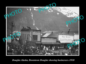 OLD LARGE HISTORIC PHOTO OF DOUGLAS ALASKA, VIEW OF THE TOWN SHOPS c1910