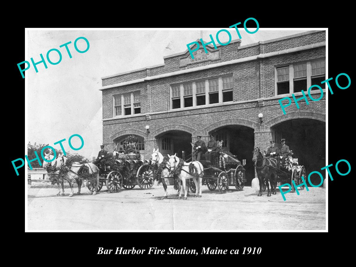 OLD LARGE HISTORIC PHOTO OF THE BAR HARBOR FIRE BRIGADE STATION c1910, MAINE