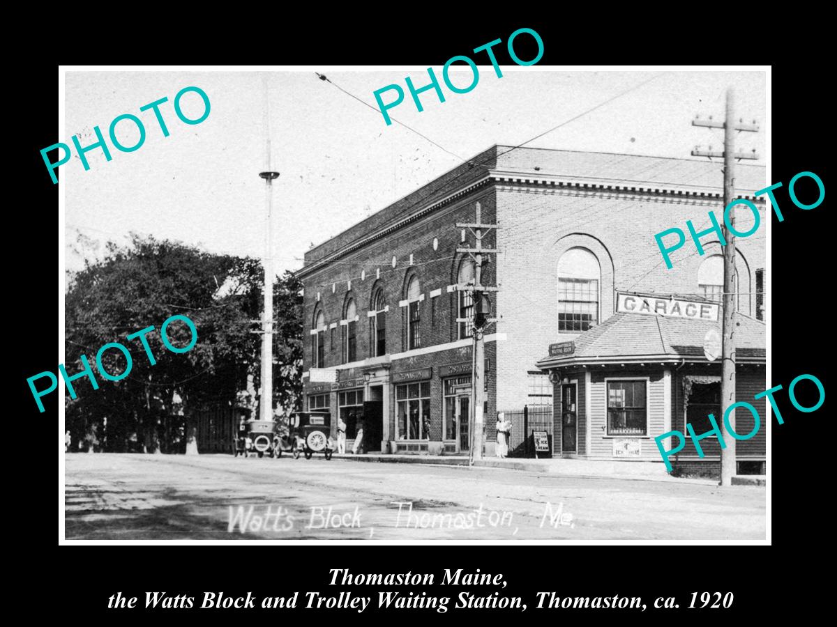 OLD LARGE HISTORIC PHOTO OF THOMASTON MAINE, WATTS BLOCK SERVICE STATION c1920