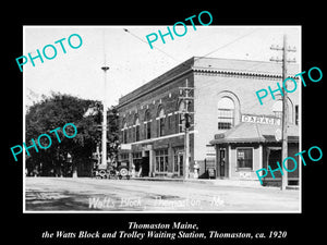 OLD LARGE HISTORIC PHOTO OF THOMASTON MAINE, WATTS BLOCK SERVICE STATION c1920