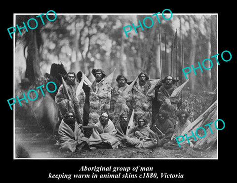 OLD LARGE HISTORIC PHOTO OF ABORIGINAL MEN KEEPING WARM IN SKINS c1880