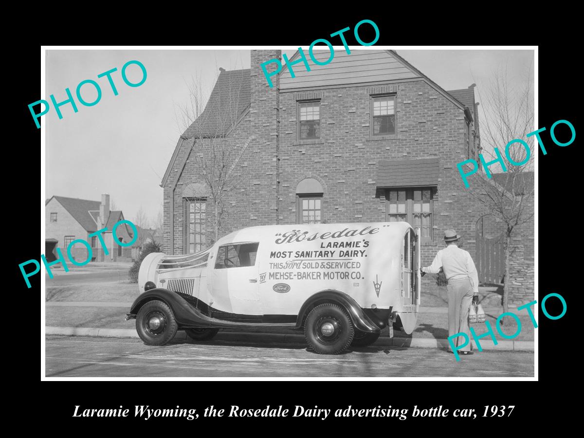 OLD LARGE HISTORIC PHOTO OF LARAMIE WYOMING, ROSEDALE DAIRY ADVERTISING CAR 1937