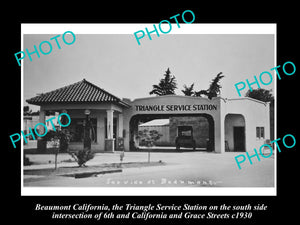 OLD LARGE HISTORIC PHOTO OF BEAUMONT CALIFORNIA, TRIANGLE SERVICE STATION c1930