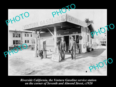 OLD LARGE HISTORIC PHOTO OF RIVERSIDE CALIFORNIA, VENTURA GASOLINE STATION c1920