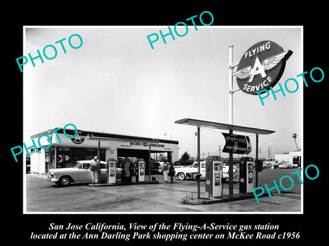 OLD LARGE HISTORIC PHOTO OF SAN JOSE CALIFORNIA, FLYING A SERVICE STATION 1956