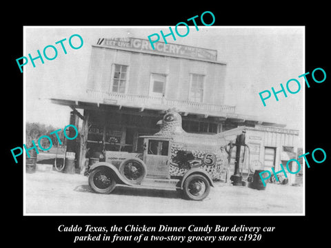 OLD LARGE HISTORIC PHOTO OF CADDO TEXAS, THE CHICKEN DINNER CANDY BAR CAR c1920