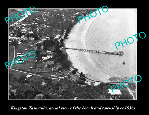 OLD LARGE HISTORIC PHOTO OF KINGSTON TASMANIA, AERIAL VIEW OF BEACH & TOWN c1930