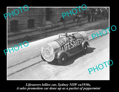 OLD LARGE HISTORIC PHOTO OF THE LIFESAVER LOLLIES PROMO CAR, SYDNEY NSW c1930s