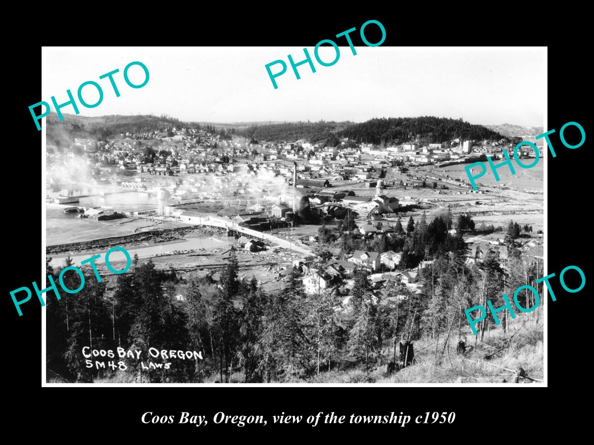 OLD LARGE HISTORIC PHOTO OF COOS BAY OREGON, VIEW OF THE TOWNSHIP ca 1950