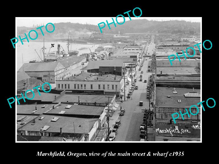 OLD LARGE HISTORIC PHOTO OF MARSHFIELD OREGON, THE MAIN STREET AND WHARF c1935