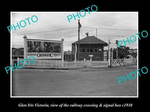 OLD LARGE HISTORIC PHOTO OF GLEN IRIS VICTORIA, RAILWAY STATION SIGNAL BOX c1930