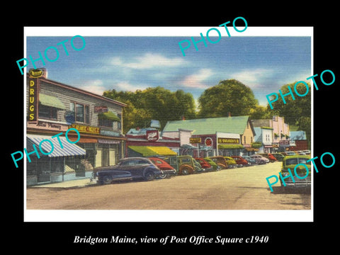 OLD LARGE HISTORIC PHOTO OF BRIDGTON MAINE, VIEW OF POST OFFICE SQUARE c1940