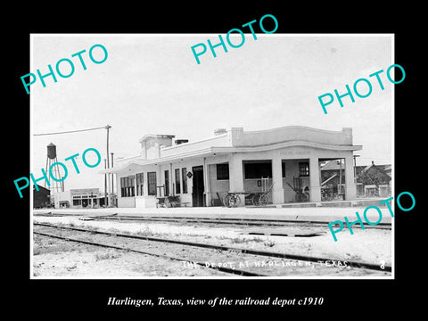 OLD LARGE HISTORIC PHOTO OF HARLINGEN TEXAS, THE RAILROAD DEPOT STATION c1910