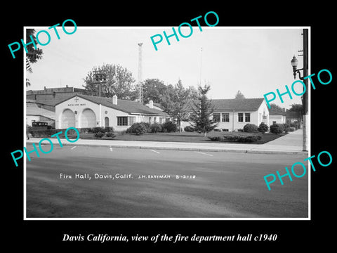 OLD LARGE HISTORIC PHOTO OF DAVIS CALIFORNIA, THE FIRE DEPARTMENT STATION c1940