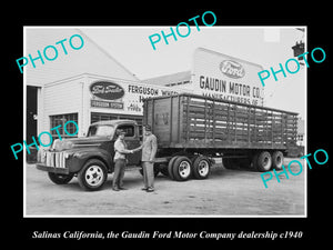 OLD LARGE HISTORIC PHOTO OF SALINAS CALIFORNIA, THE GAUDIN FORD DEALERSHIP c1940