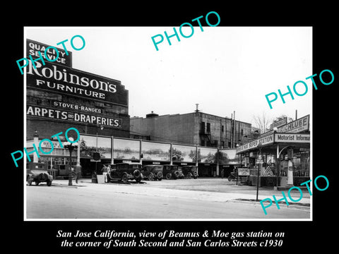 OLD LARGE HISTORIC PHOTO OF SAN JOSE CALIFORNIA, BEAMUS & MOE GAS STATION 1930