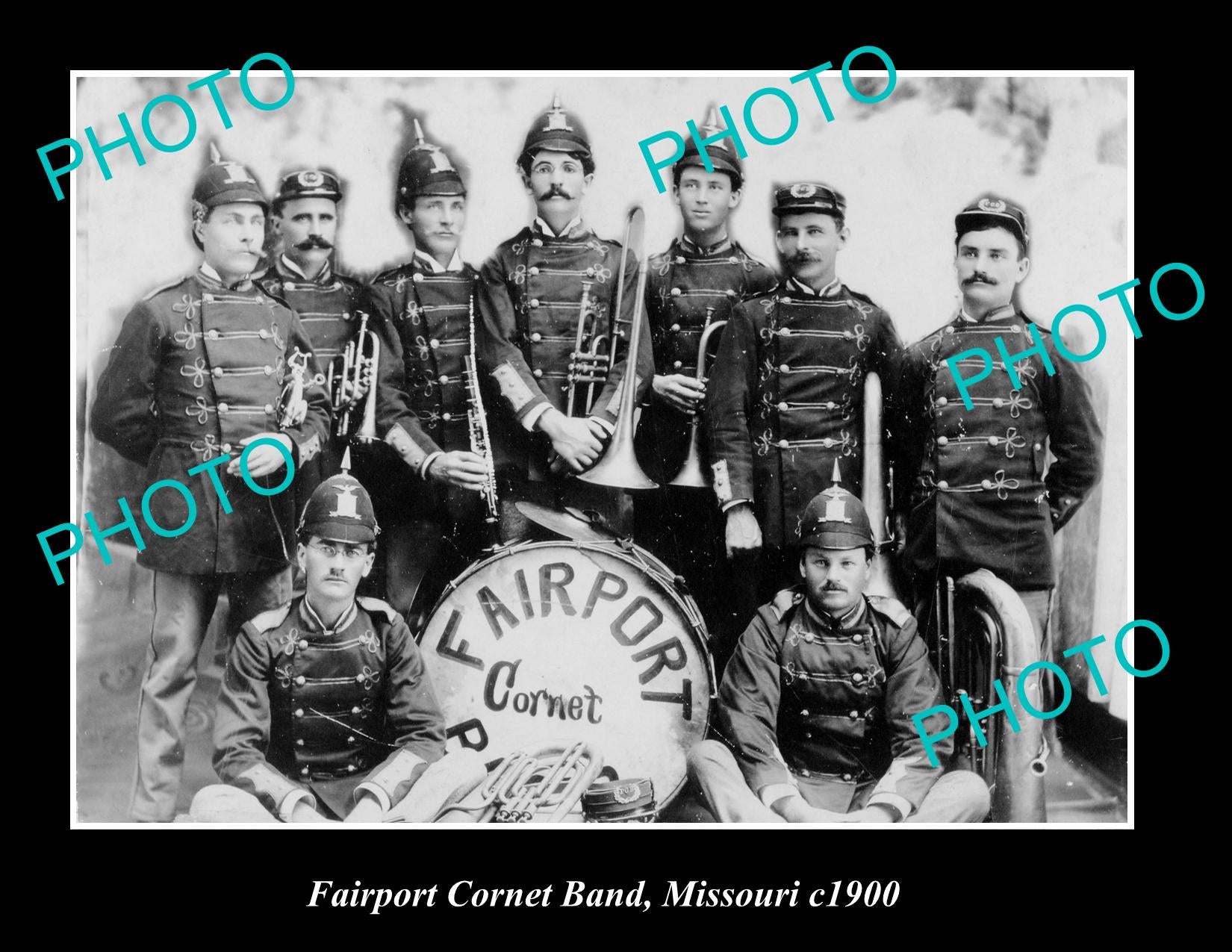 OLD LARGE HISTORIC PHOTO OF FAIRPORT MISSOURI, TOWN CORNET BAND c1900